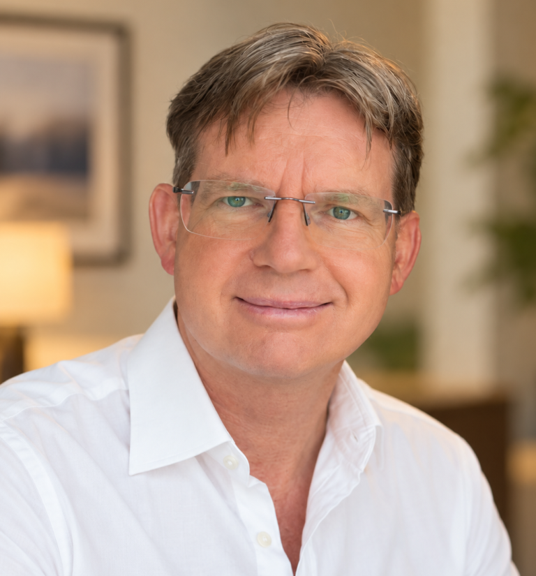Karl Kogler – Ihr persönlicher Ansprechpartner bei Fionitas-Pflege Karl Kogler mit Brille und weißem Hemd blickt freundlich in die Kamera. Im Hintergrund sind eine Lampe und Pflanzen zu sehen.