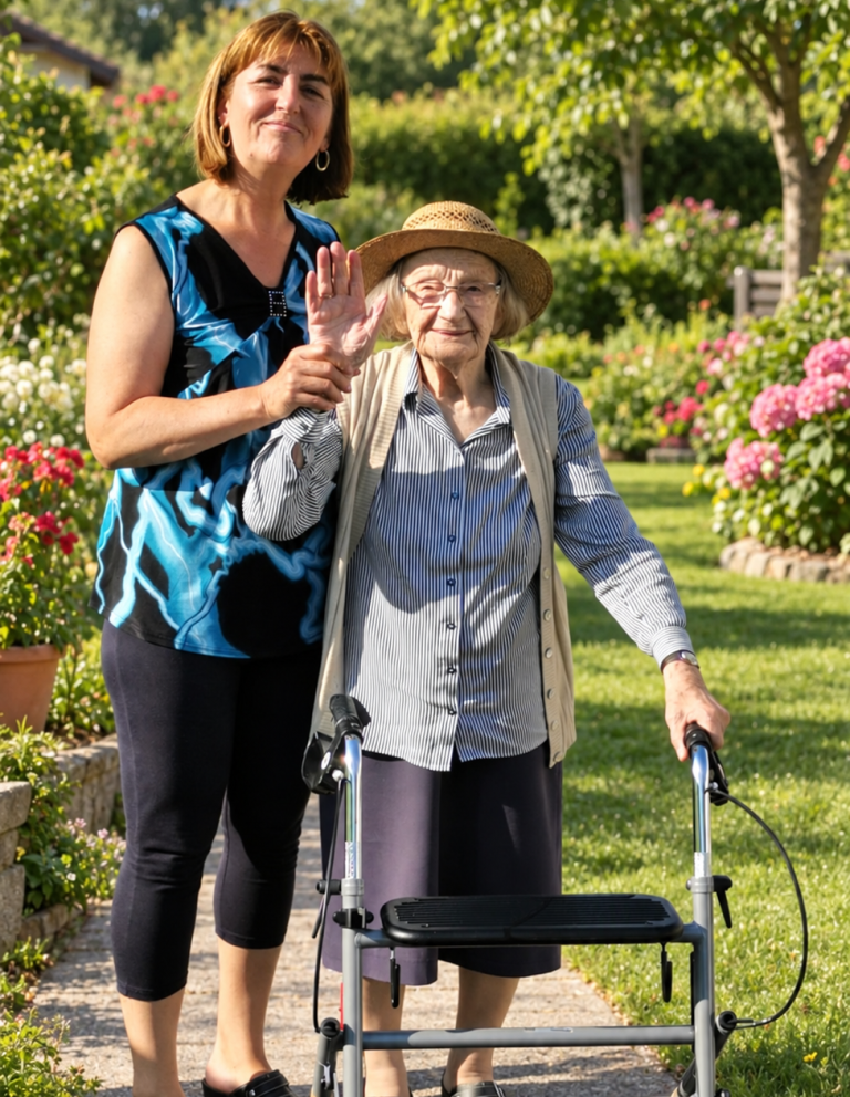 Gemeinsam den Alltag im Freien genießen Eine Seniorin mit Strohhut und Rollator winkt in einem blühenden Garten. Eine Frau steht neben ihr und hält ihren Unterarm