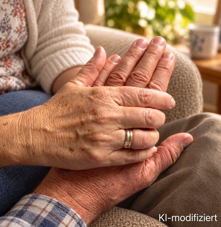 Nahaufnahme zweier Hände: Eine Betreuungskraft mit einem goldenen Ring hält behutsam die Hand einer älteren Person. KI-modifiziert. Vertrauen, das Halt gibt